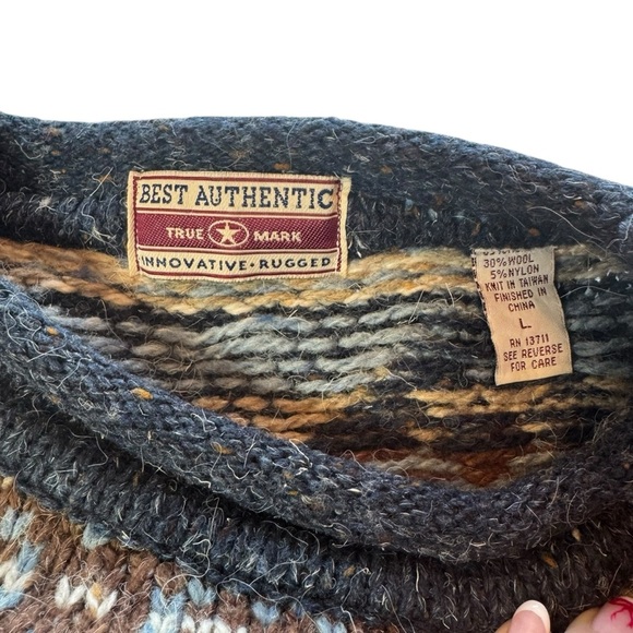 True Mark Vintage Brown and Navy Wool Blend Knit Crew Neck Large Sweater - Picture 6 of 6